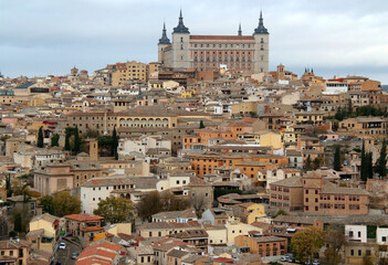 Panoramic view of the historic part of the city with the Alcazar de Toledo military museum building...