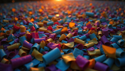 Fototapeta premium Colorful carnival confetti on the ground during sunset with warm glow 
