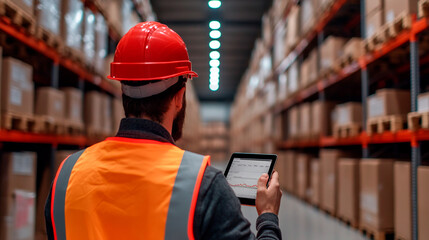 Warehouse worker wearing reflective vest and hardhat using digital tablet, managing inventory and logistics in large distribution center