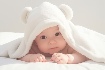Baby with towel over head on white bed