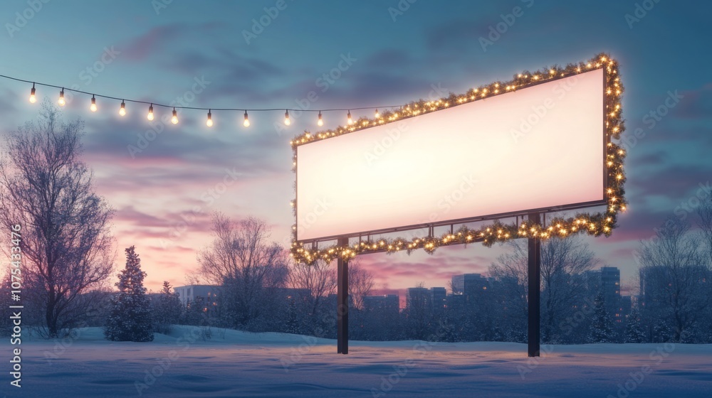 Poster a large, blank billboard is decorated with christmas lights and greenery. it is standing in a snowy 
