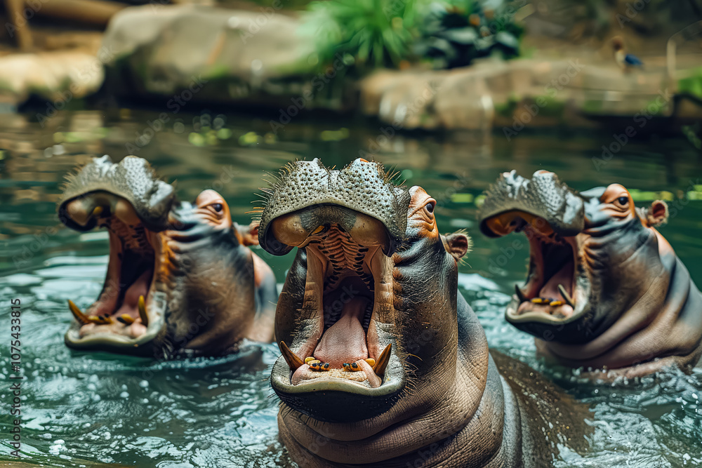 Poster three hippos are in a pool, one of them is making a loud noise. scene is playful and lighthearted
