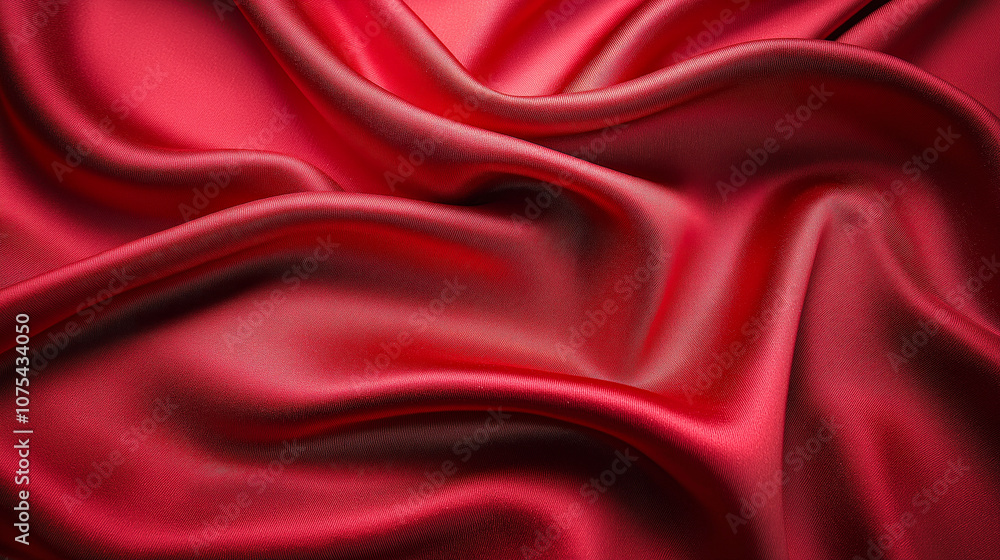 Poster luxurious deep red silk fabric draped elegantly, showcasing soft textures and rich color in soft lig