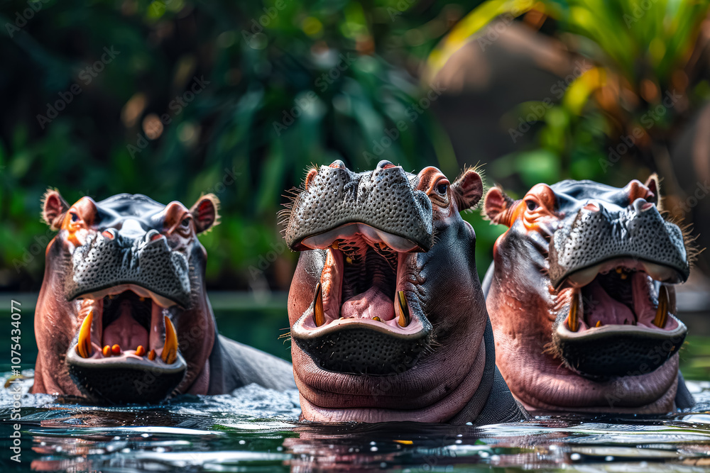 Poster three hippos are in a pool, one of them is making a loud noise. scene is playful and lighthearted
