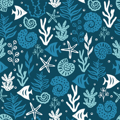 Sea bottom seamless pattern with fish, starfish, shell, coral and bubble.