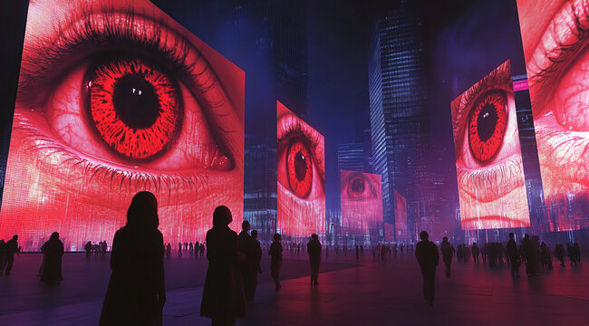 Giant red eyes are projected onto buildings in a futuristic city at night. Silhouettes of people walk past the projections, creating a surreal and unsettling scene - Powered by Adobe