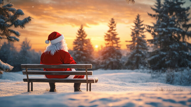 Weihnachtsmann am Abend auf Bank im Winter Wald mit Schnee