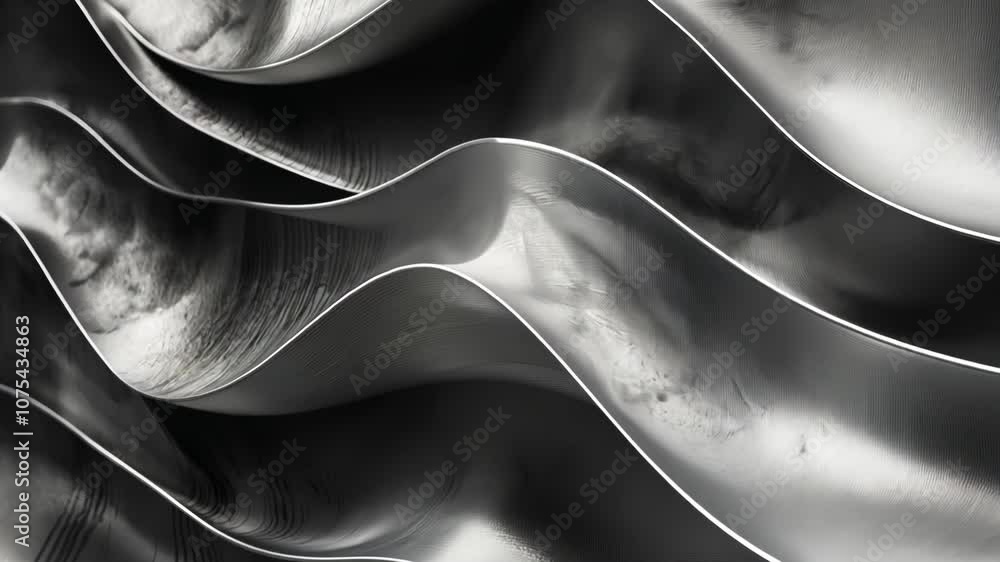 Poster close-up black and white animation of an abstract wave with a flat surface, styled metallically. it 