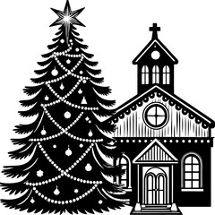 Naklejka premium Christmas card with Christmas tree and gifts with Christmas decorating ideas with Christmas tree and church for happy ' Christmas Day ' greetings 