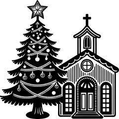 Fototapeta premium Christmas card with Christmas tree and gifts with Christmas decorating ideas with Christmas tree and church for happy ' Christmas Day ' greetings 