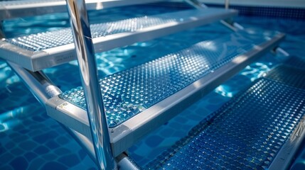 Fototapeta premium Metal swimming pool ladder with anti slip treads submerged in clear blue water, providing safe and easy access for swimmers