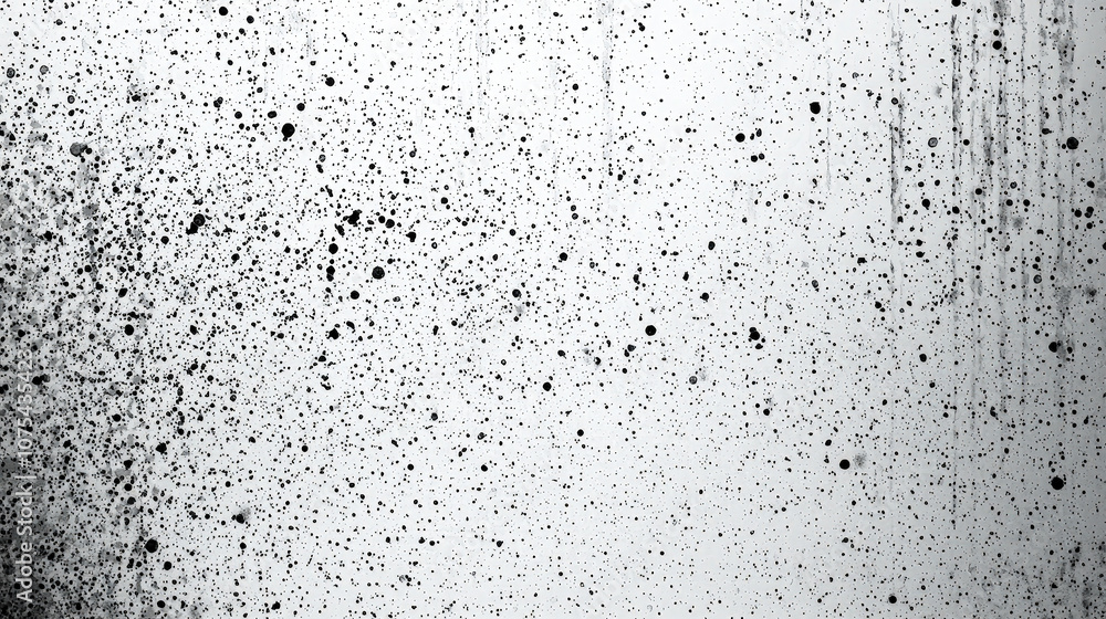 Poster black paint splatters create an abstract texture on a white background, showcasing a striking contra