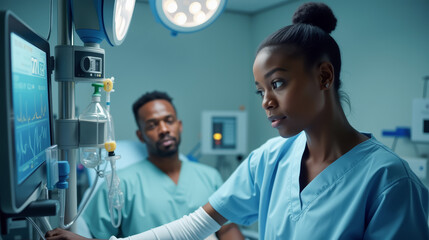 Attentive healthcare professional checks a patient's vital signs monitor in a hospital ward. Female Doctor Monitoring Vital Signs of a Man in an Emergency Room