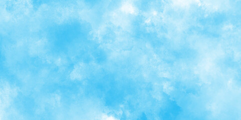 Grunge aquarelle painted sky blue watercolor textured, natural clear clouds in the blue sky background, soft and cloudy fresh watercolor painting textured design on white paper.