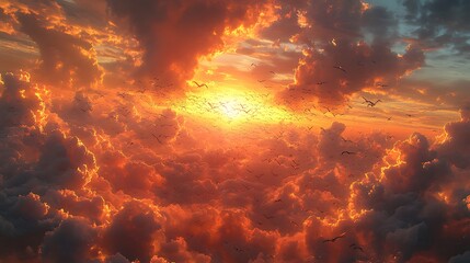 Naklejka premium A vibrant sunset with a flock of birds flying through the clouds.