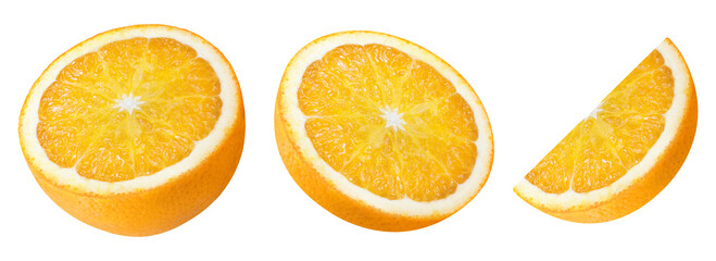 half orange fruit and slice isolated, Orange fruit macro studio photo