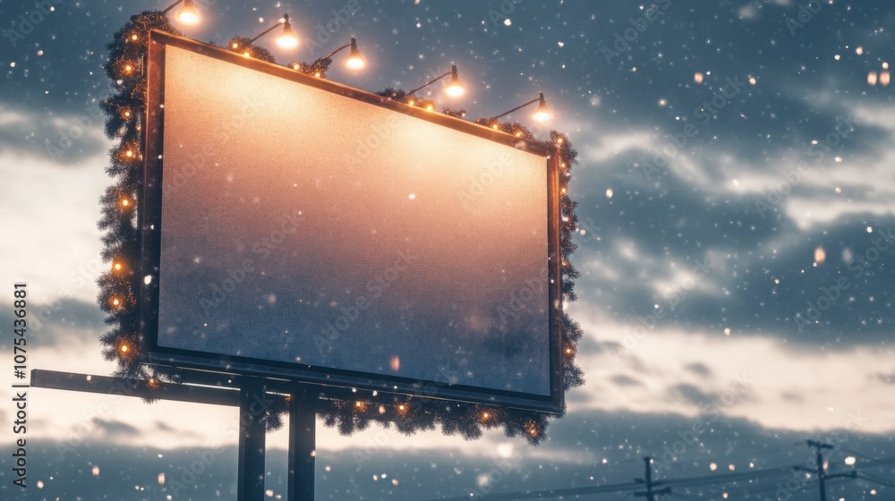 Poster a blank billboard decorated with string lights stands amidst a gentle snowfall during a winter eveni