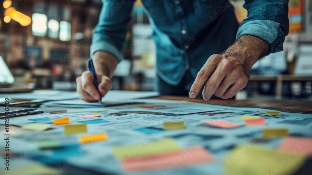 Poster close-up of a man's hand writing on a document with colorful sticky notes