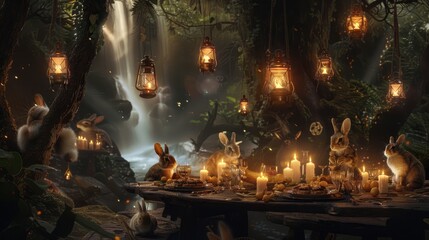 Obraz premium Whimsical illustration of a fairytale forest inhabited