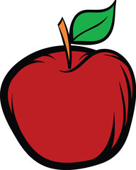 Cartoon style red apple with a green leaf, representing healthy eating and freshness