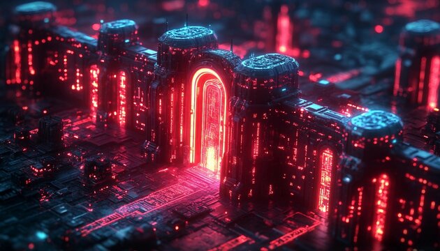 The Digital Fortress, high-tech digital fortress protecting a company's sensitive data. Show a glowing, impenetrable wall of encryption, firewalls, 