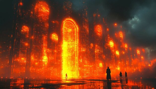 The Digital Fortress, high-tech digital fortress protecting a company's sensitive data. Show a glowing, impenetrable wall of encryption, firewalls, 