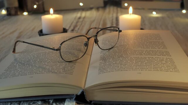 An inviting reading setup features an open book resting on a wooden surface, with a pair of glasses placed on top. Soft candlelight creates a warm ambiance perfect for enjoying literature.