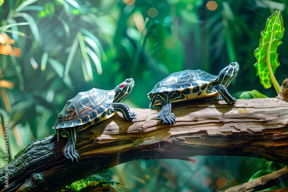 Poster two turtles are on a branch in a green forest. the turtles are facing each other