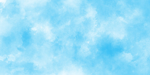 Grunge aquarelle painted sky blue watercolor textured, natural clear clouds in the blue sky background, soft and cloudy fresh watercolor painting textured design on white paper.