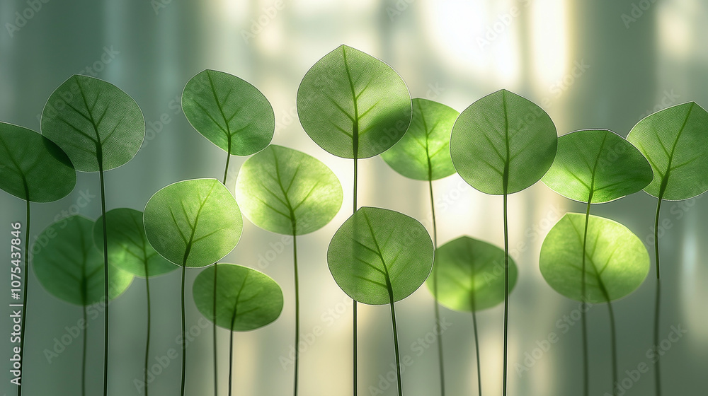 Poster sunlight filters through green leaves, casting soft shadows in a tranquil indoor setting during the 