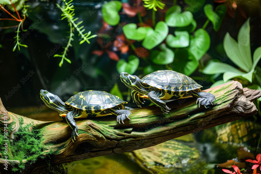 Poster two turtles are on a branch in a green forest. the turtles are facing each other