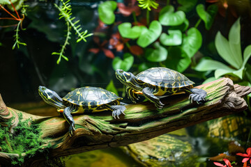Obraz premium Two turtles are on a branch in a green forest. The turtles are facing each other