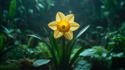 A vibrant yellow daffodil blooming amidst lush greenery in a tranquil forest setting during the early morning light