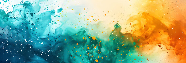 Colorful abstract background with splashes of paint and dust in blue, orange, and green colors.