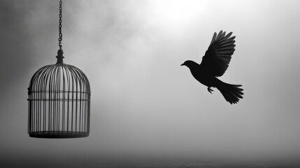 A Bird Escapes Its Cage Into a Misty Horizon