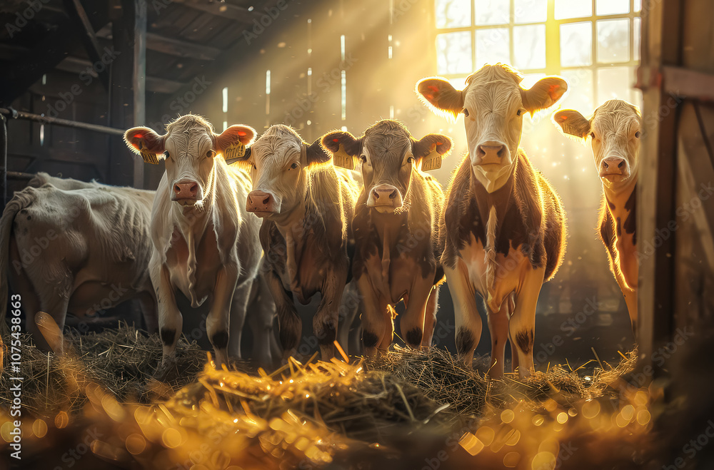 Poster group of cows are standing in a barn with a lot of hay. the cows are all facing the camera and appea