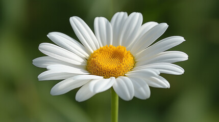 A close-up view of a single white daisy flower blooming in a grassy field during a sunny day in spring