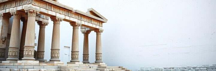 Obraz premium Ancient Greek temple with intricate carvings and ornate columns against a white plastered wall background, old building, classical design