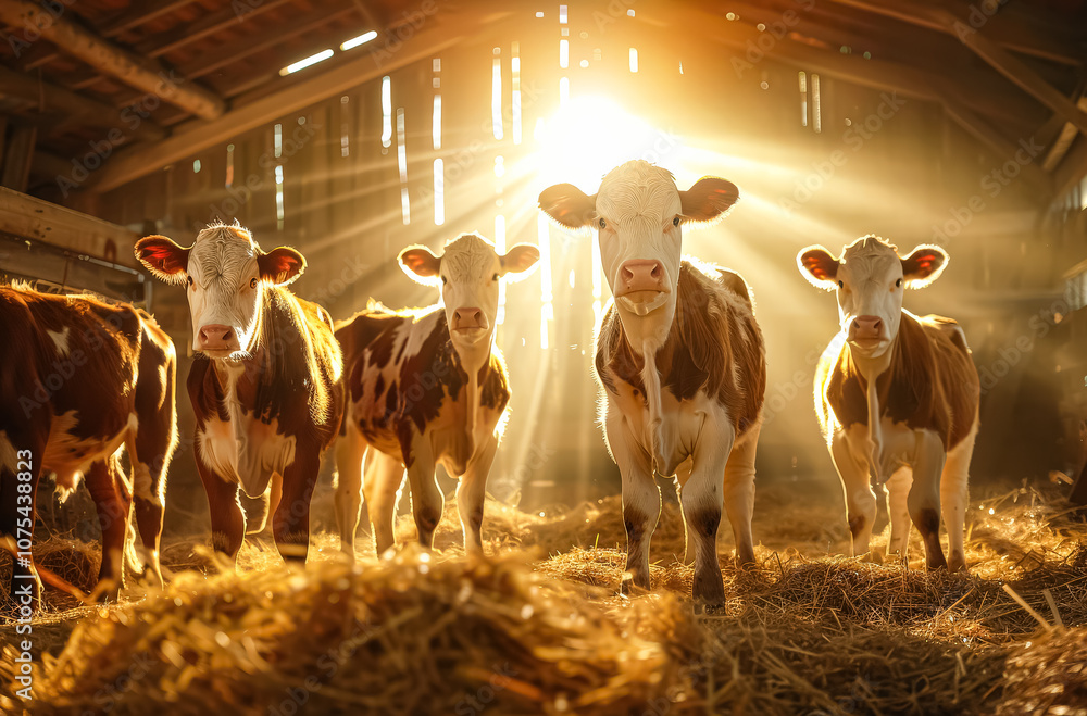 Poster group of cows are standing in a barn with a lot of hay. the cows are all facing the camera and appea