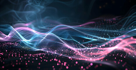 Fototapeta premium Abstract background with blue and pink glowing lines on a dark background, a network of dots connected 