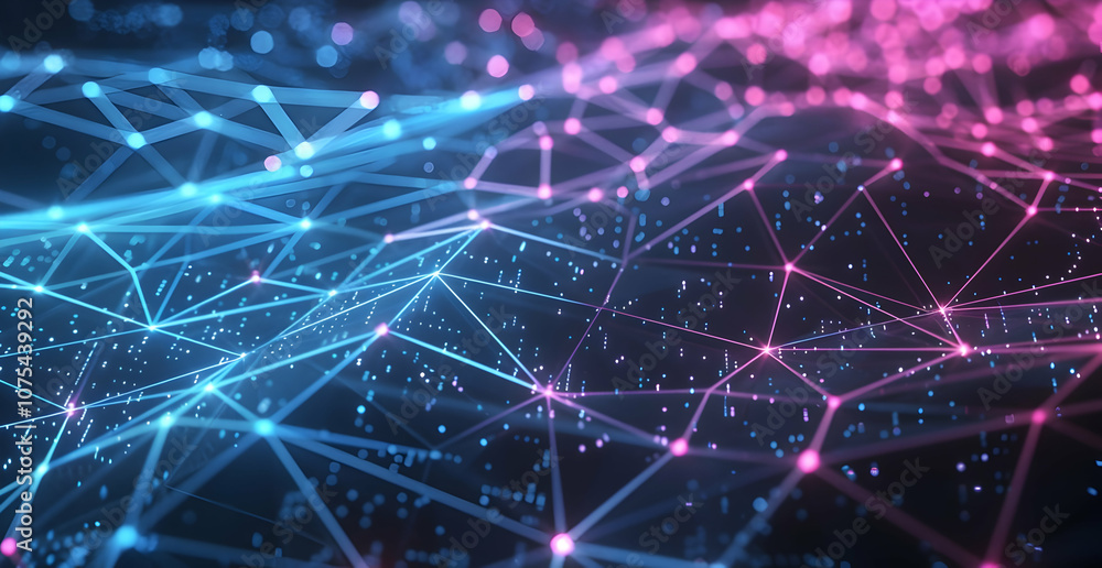 Aufkleber abstract futuristic background with blue and pink glowing digital mesh lines on a dark background, c