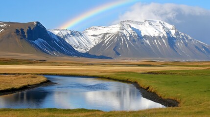 A Rainbow Arcs Over Snow-Capped Mountains and a Winding River in Iceland