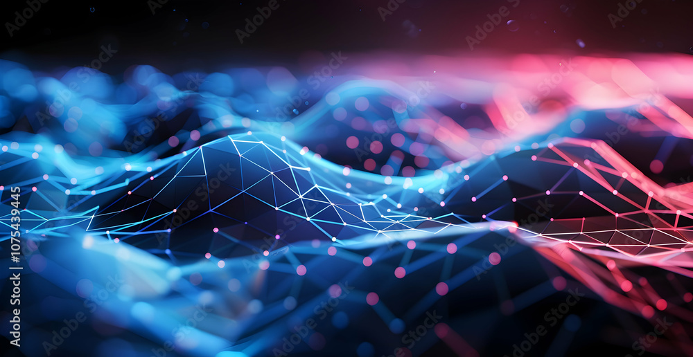 Poster abstract futuristic background with blue and pink glowing digital mesh lines on a dark background, c