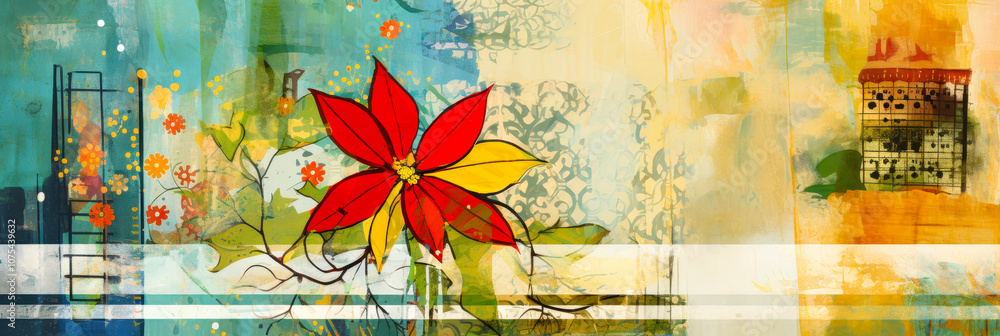 Poster a vibrant composition showcases a large red flower intertwined with whimsical designs and a soft, te