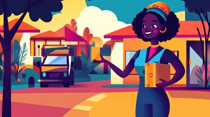 Naklejka premium A cheerful delivery person holding a package in a vibrant neighborhood scene.