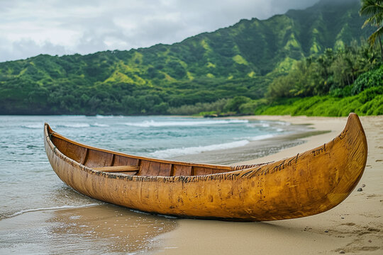 Fototapeta a Hawaiian canoe on a sandy beach with lush green hills in the background.