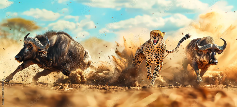 Poster cheetah is running after a buffalo in the wild. the scene is intense and action-packed, with the che
