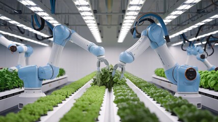 Two robotic arms tending to plants in an indoor hydroponic farm. Advanced agricultural automation for sustainable food production