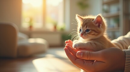 Small ginger kitten held in hands in a sunlit cozy room. Indoor pet portrait showing affection and comfort