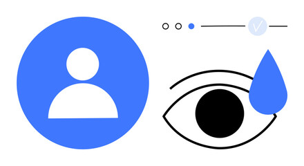 User profile icon, eye with a tear drop, and three interface elements. Ideal for web design, app development, profile creation, user experience, emotional graphics, online identity accessibility